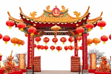 Ornate gate, red lanterns, festive decorations.