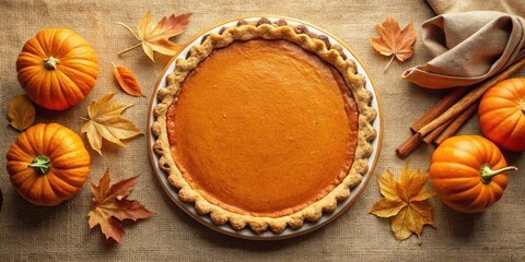 A Freshly Baked Pumpkin Pie Adorned with Autumnal Accents of Fall Leaves and Cinnamon Sticks