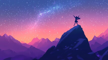 Fototapeta premium Inspirational Silhouette of a Person on Mountain Peak Stargazing Under a Colorful Starry Sky with Gradients of Purple, Blue, and Pink After Sunset