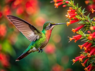 Fototapeta premium Enchanting Copper-rumped Hummingbird Feeding on Vibrant Red Flowers in Tropical Garden During Low Light Photography, Capturing Nature's Beauty in Flight