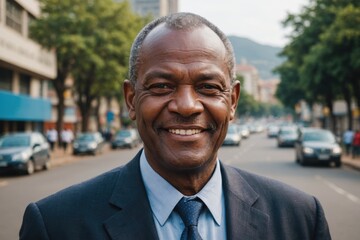 Close portrait of a smiling senior Swazi businessman looking at the camera, Swazi big city outdoors blurred background