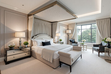 A modern bedroom with gray walls and velvety cream carpets - Generative AI