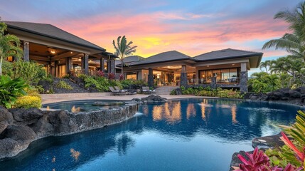A luxurious villa with a pool, surrounded by lush greenery and a vibrant sunset.