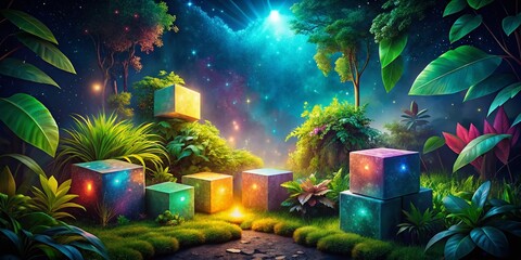 Fototapeta premium Enchanting Fantasy Scene of Glowing Cubes Amidst Lush Green Plants Under a Starry Night Sky with Ample Copy Space for Creative Use