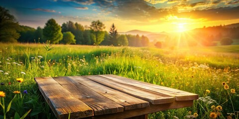 Naklejka premium Rustic wooden table edge set against a backdrop of a lush green meadow bathed in the warm glow of a setting sun, a gentle breeze rustling through the tall grass and wildflowers