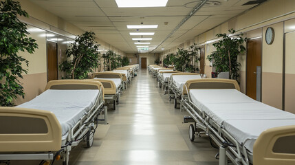 Empty Hospital Ward  Long Corridor  Beige Beds  Plants