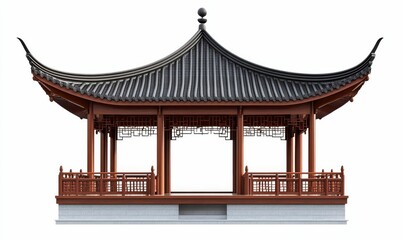 Fototapeta premium Elegant wooden pavilion, curved roof, Asian design.