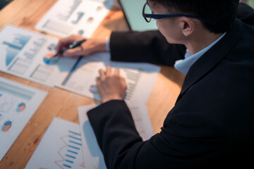 Business analysis action by professional in office space with data reports for strategic insights