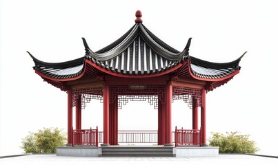Fototapeta premium Red gazebo, curved roof, Asian design, plants.
