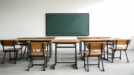 Modern Classroom Setting with Wooden Desks and Chairs, Empty Space for Learning and Teaching, Ideal for Educational Themes and Back-to-School Concepts