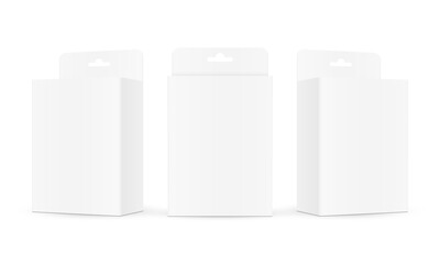 Three Hanging Packaging Boxes, Front And Side View, Isolated On White Background. Vector Illustration