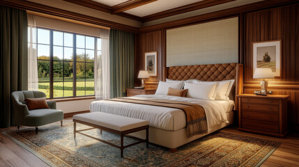 Fototapeta premium A 3D rendering of a stylish hotel bedroom interior captures the perfect blend of luxury, comfort, and modern design.