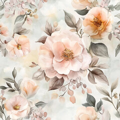 Watercolor Floral Seamless Pattern  Peach Roses   Greenery