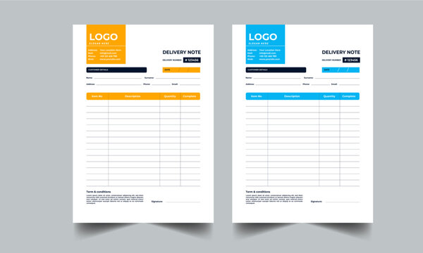 Delivery Note, Invoice Layout with Various Color Options Design Template  