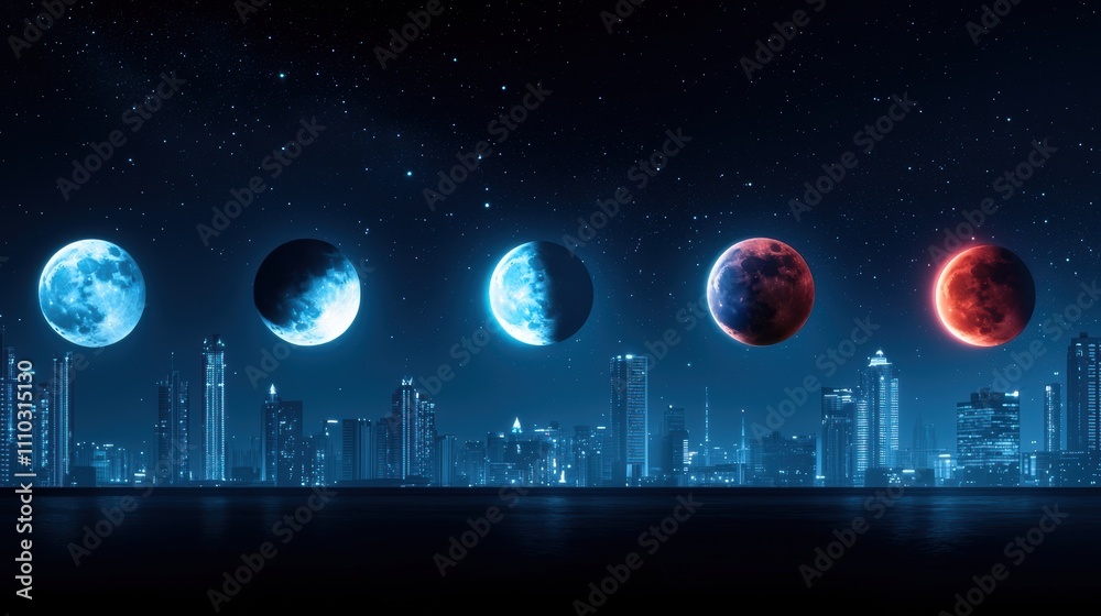 Wall mural a time lapse image showcasing the different phases of a lunar eclipse, from the initial penumbra to 