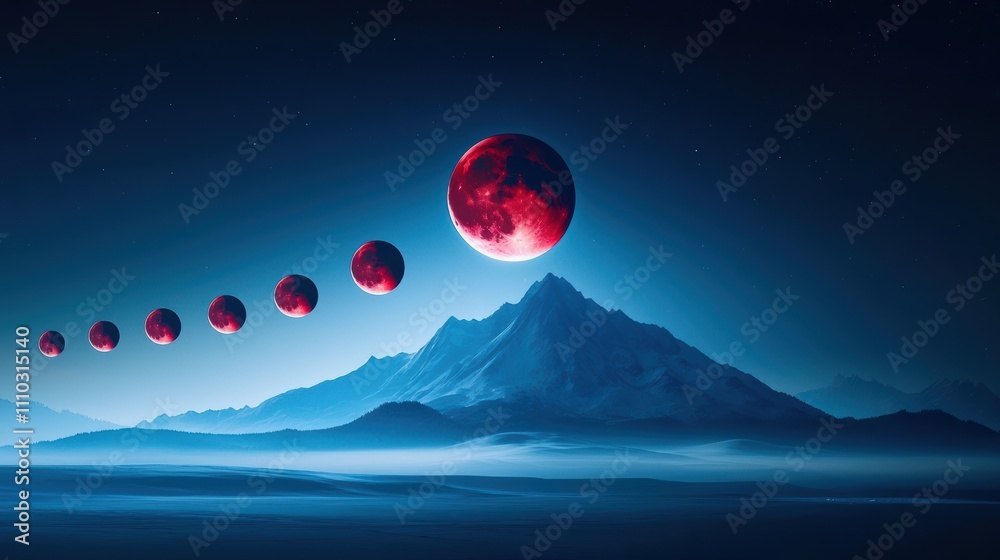 Wall mural a composite image of a lunar eclipse, with the various stages of the eclipse arranged circularly aro