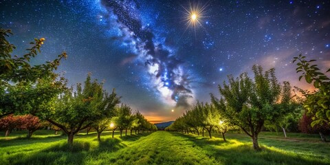 Naklejka premium Enchanting Night Photography of Buell's Orchard in Connecticut Capturing Starry Skies and Twinkling Lights Amidst Lush Greenery and Scenic Landscapes