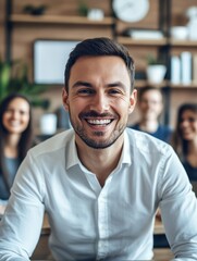 Fototapeta premium Webcam view of happy smiling businessman teacher talking to employees students looking at camera during learning training, executive manager having videocall laughing teaching.