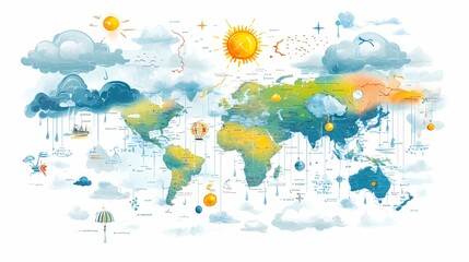 Naklejka premium Colorful Illustrated World Map with Weather Symbols and Elements Depicting Sun, Clouds, Rain, and Hot Air Balloons for Educational Purposes