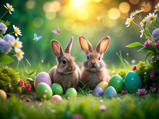 Enchanting Scene of Bunnies Surrounded by Lush Green Grass, Colorful Spring Flowers, and Vibrant Green Eggs Under a Soft Low Light Glow