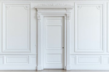 White paneled wall, ornate door, classical style.