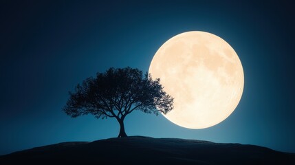 Fototapeta premium The dark silhouette of a lone tree stands starkly against a backdrop of a large, glowing full moon, creating a sense of mystery and solitude.