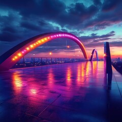 Obraz premium A vibrant arch bridge illuminated at dusk, reflecting colors on wet pavement.