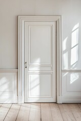 White door, paneled walls, light wood floor, sunlight.