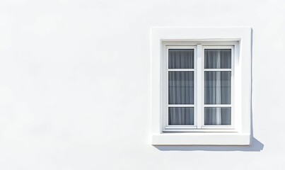 Fototapeta premium White wall, single white-framed window, sheer curtains.