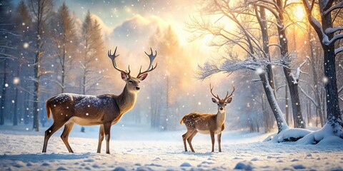 Obraz premium Enchanting Winter Wonderland: Roe Deer and Fallow Deer in a Snowy Christmas Landscape Capturing the Serene Beauty of Nature During the Holiday Season