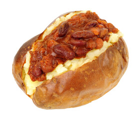 Beef chilli con carne filled baked jacket potato isolated on a white background