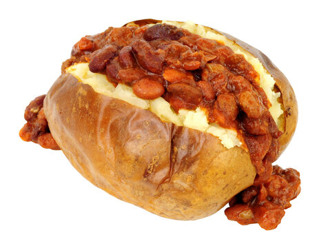 Beef chilli con carne filled baked jacket potato isolated on a white background