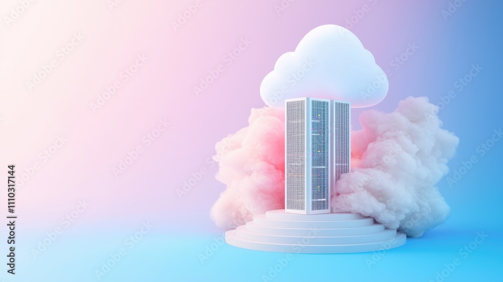 Poster a server rack icon positioned within a cloud icon, representing cloud based servers and data centers