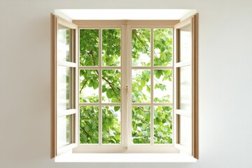 Open window, light wood frame, green leaves outside.
