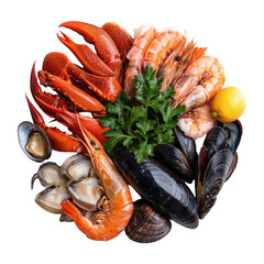 A plate of seafood including shrimp, scallops, and mussels Transparent Background
