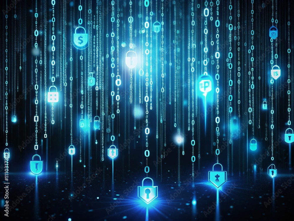 Poster enigmatic rain of symbols on a black background with copy space for cybersecurity themes, featuring 