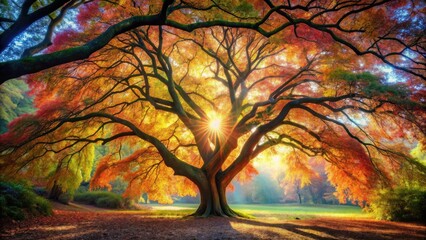 A majestic tree with fiery autumn foliage stands tall, bathed in the golden light of the setting sun, its branches reaching towards the heavens, casting long shadows across the tranquil forest floor.