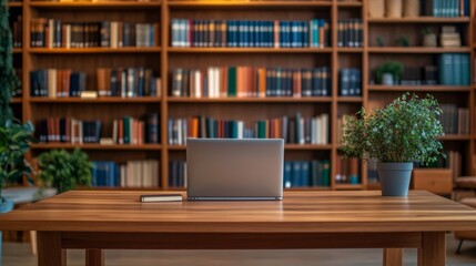 Wooden desk laptop it front bookshelf is made zoom virtual background