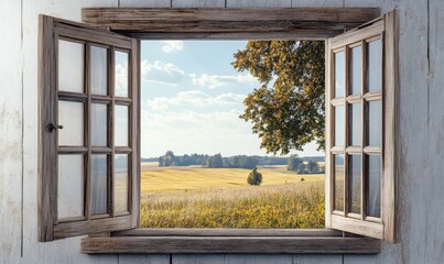 Rustic wooden window reveals sunny field.