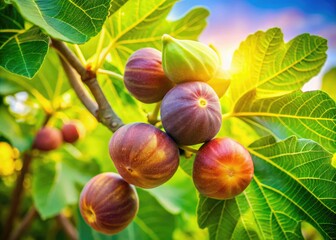 Lush Green Fig Tree Branch with Ripe Figs - Organic Fresh Fruit Harvest