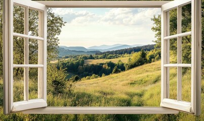 Fototapeta premium Open window reveals idyllic rural landscape.