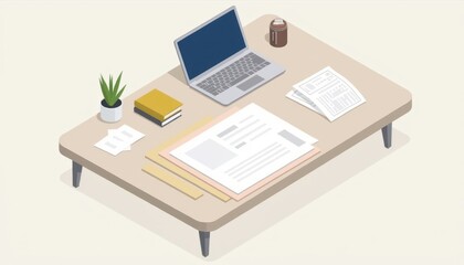 A job application folder lies on a desk alongside a laptop, books, documents, and a cup of coffee, creating a professional and organized workspace