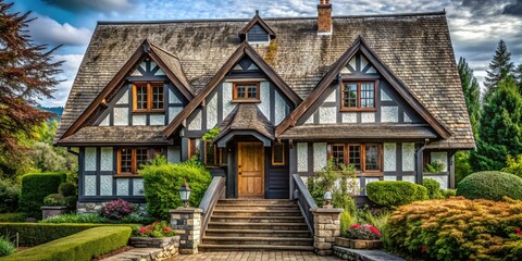 Fototapeta premium Macro Photography: Charming Tudor Cottage, Gray Shingles, White Walls, Wooden Beams, Porch Detail