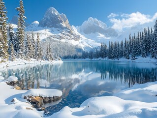 A high alpine lake sparkles under the sun with its bright blue glacial hue surrounded by majestic mountains and snowy landscapes