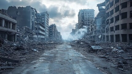 Post-apocalyptic scene city that has been destroyed by postapocalyptic ruins abandoned