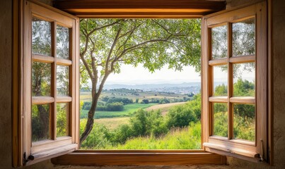 Wooden window reveals idyllic rural landscape.