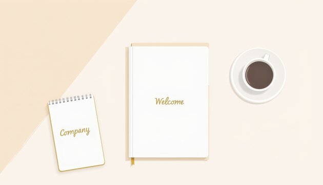 An employee onboarding desk with a notebook, a "Welcome" notepad, and a coffee cup, creating a warm and inviting workspace for new hires