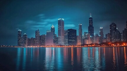 Fototapeta premium Night view Chicago skyline from across water sky dazzling illuminated