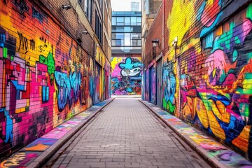 Fototapeta premium Narrow alleyway colorful graffiti walls buildings both sides Urban alley