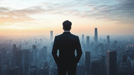 Fototapeta premium Man suit standing top skyscraper looking out city businessman overlooking horizon